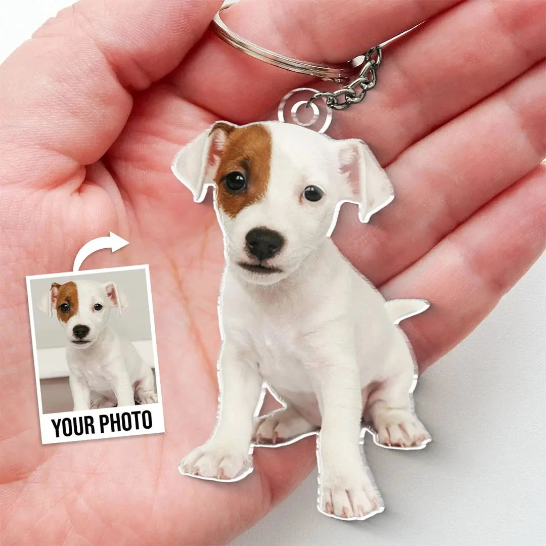 Custom Photo Puppy Acrylic Keychain, personalized with YOUR PHOTO, stainless steel rings, perfect gift.